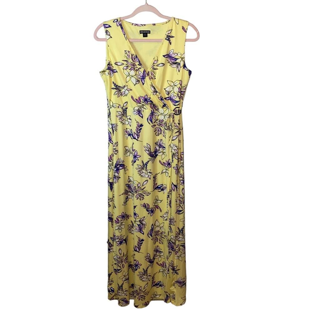 Nina Leonard Yellow Floral Wrap Maxi Dress Medium Sleeveless V Neck Stretch